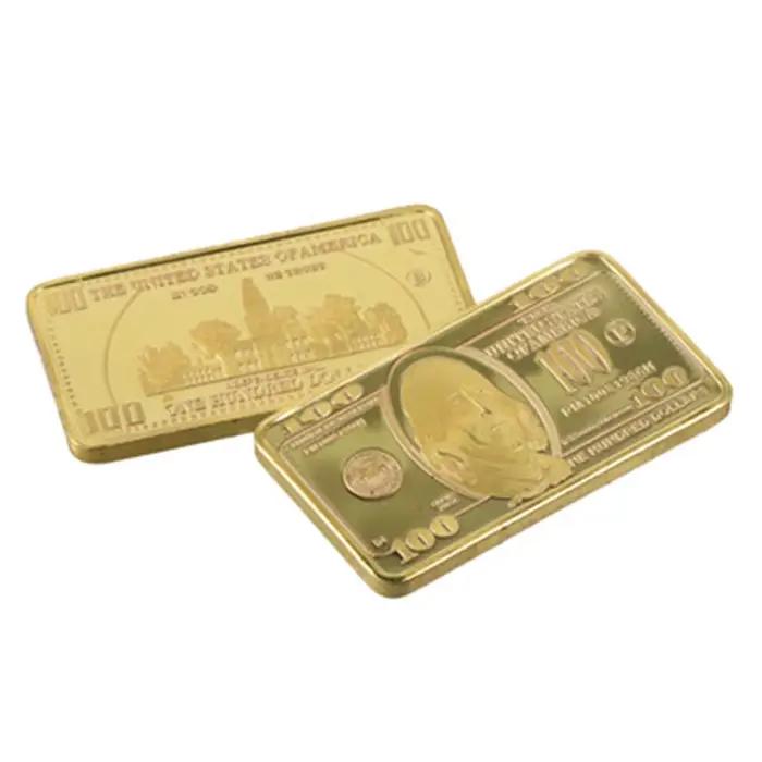 1 pièces USA 100 Dollar lingot 24k barre d'or pièce en métal américain barres d'or USD avec Gif