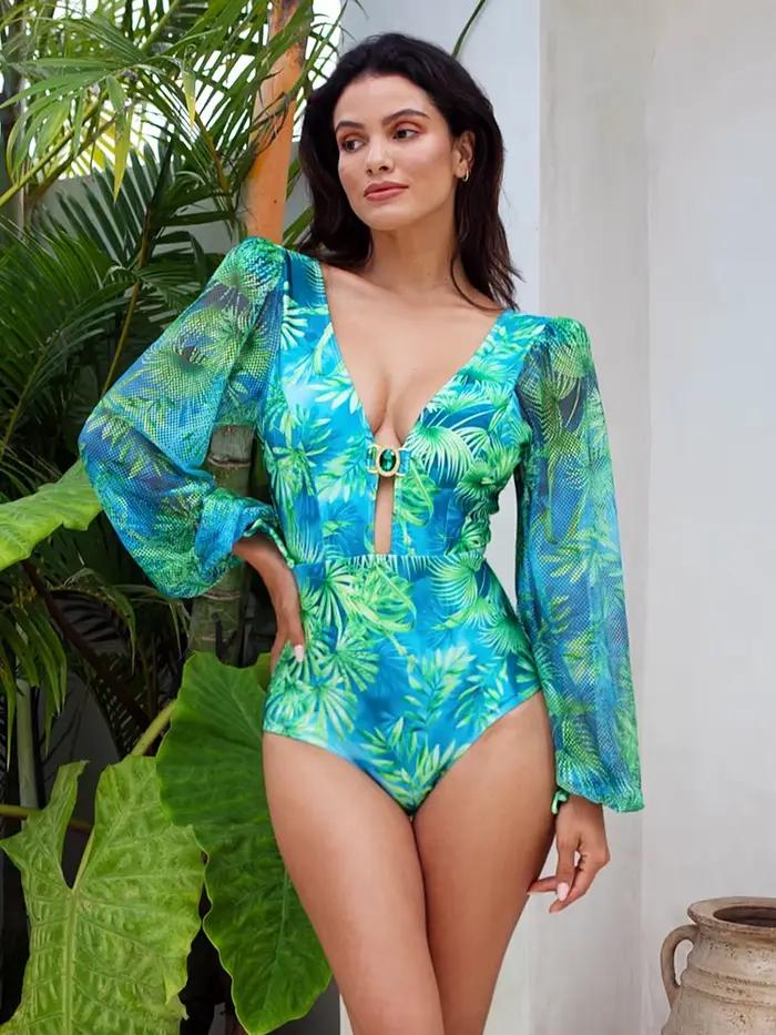 Maillot de bain une pièce imprimé vert jungle pour femme