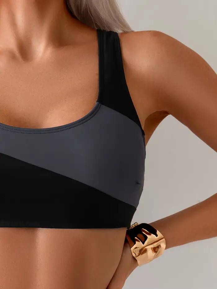 Bikini Sportif Deux Pièces Femme Blocs de Couleurs Taille Haute Plage Vacances Activités Nautiques