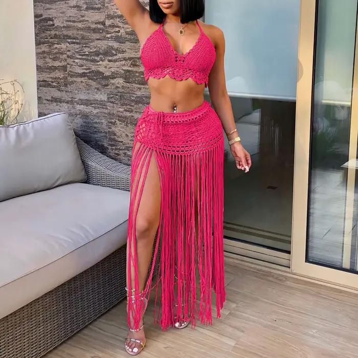 Haut de maillot de bain et jupe de plage à pampilles pour femmes, crochet solide, évider, couvertures, robe de bain imbibée, 2 pièces