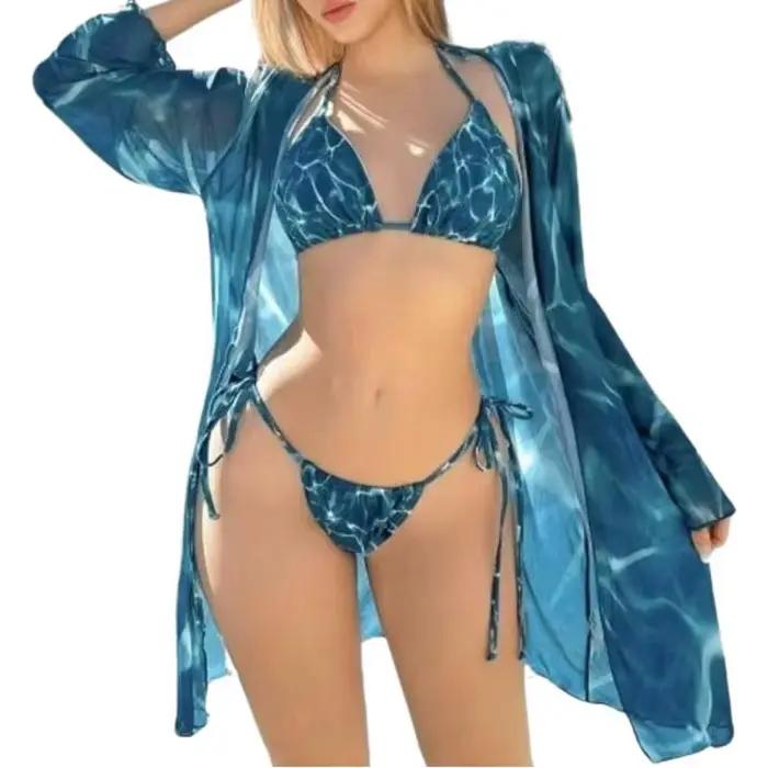 Floral bleu plage maillot de bain en mousseline de soie à manches longues 3 pièces ensemble de Bikini pure