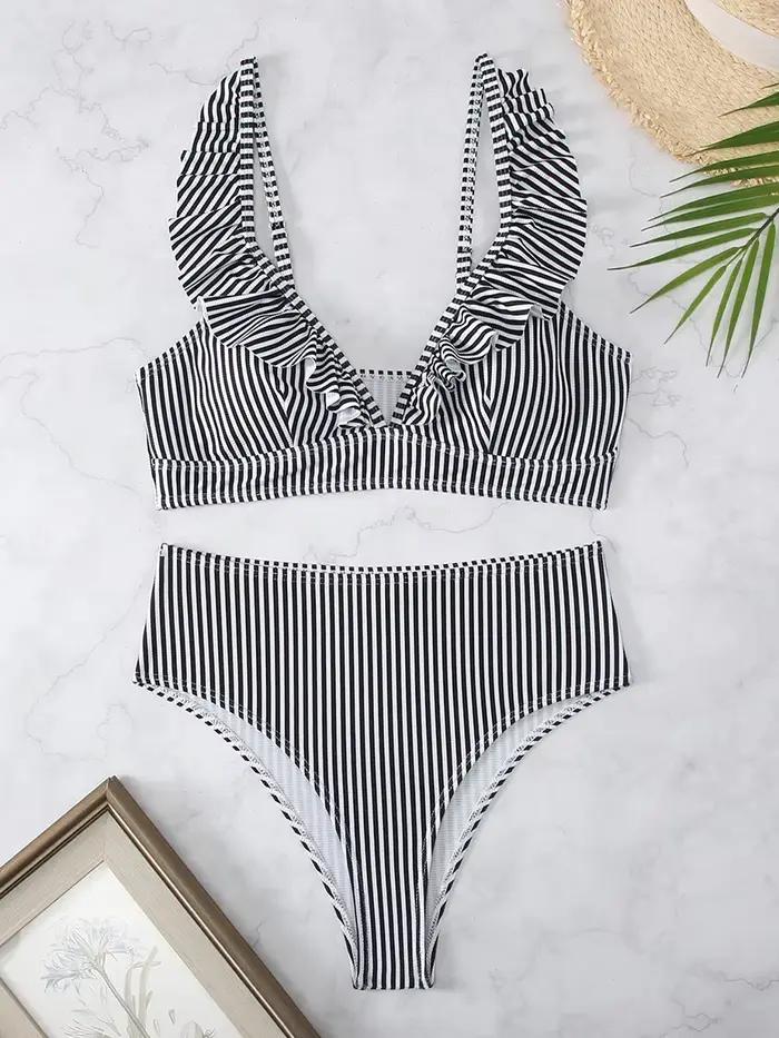 Sexy rayé à volants Bikini maillot de bain femmes 2025