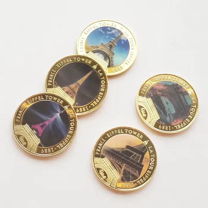 Ensemble de 5 pièces de monnaie commémoratives de la Tour Eiffel de Paris, France, plaqué or, souvenir de voyage