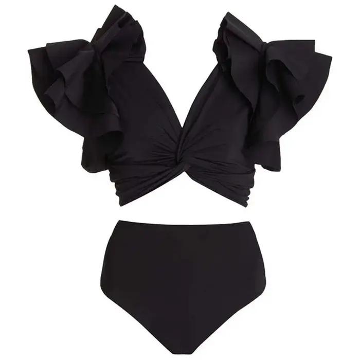 Maillot de bain noir à col en V 2026, maillot de bain à volants pour femme, maillot de bain taille haute imprimé, tenue de plage
