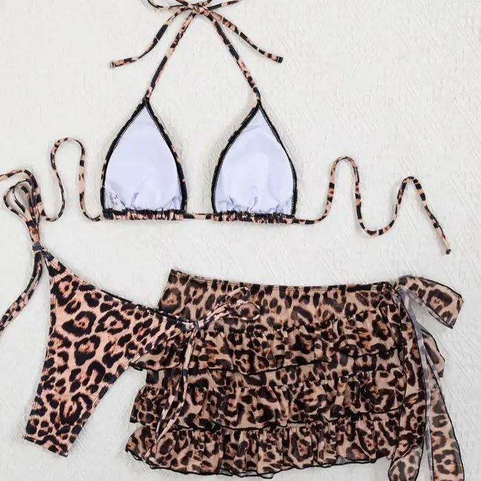 Nouvel ensemble bikini léopard 3 pièces sexy pour femmes plage vacances fête piscine
