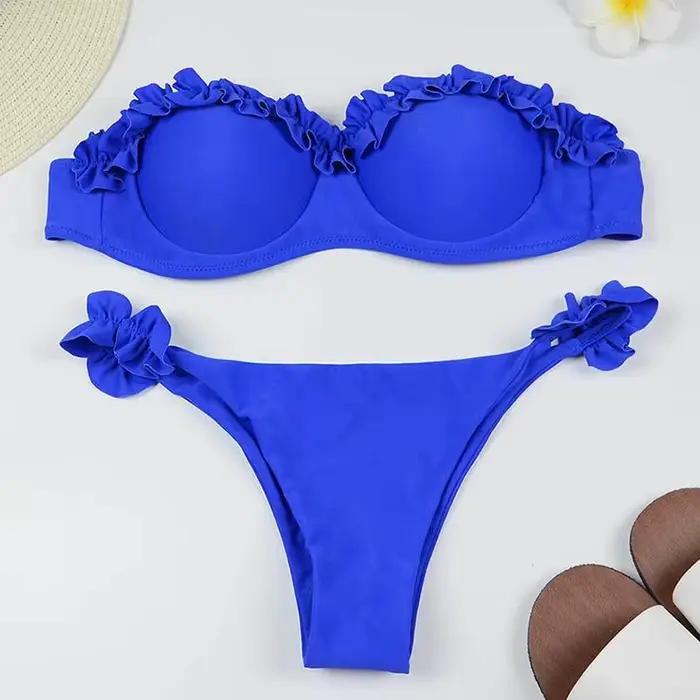 Solide Bikini ensemble femmes maillot de bain Chic volants Micro Bikini fendu maillot de bain été 2025 nouvelle plage épice fille 2 pièces maillots de bain