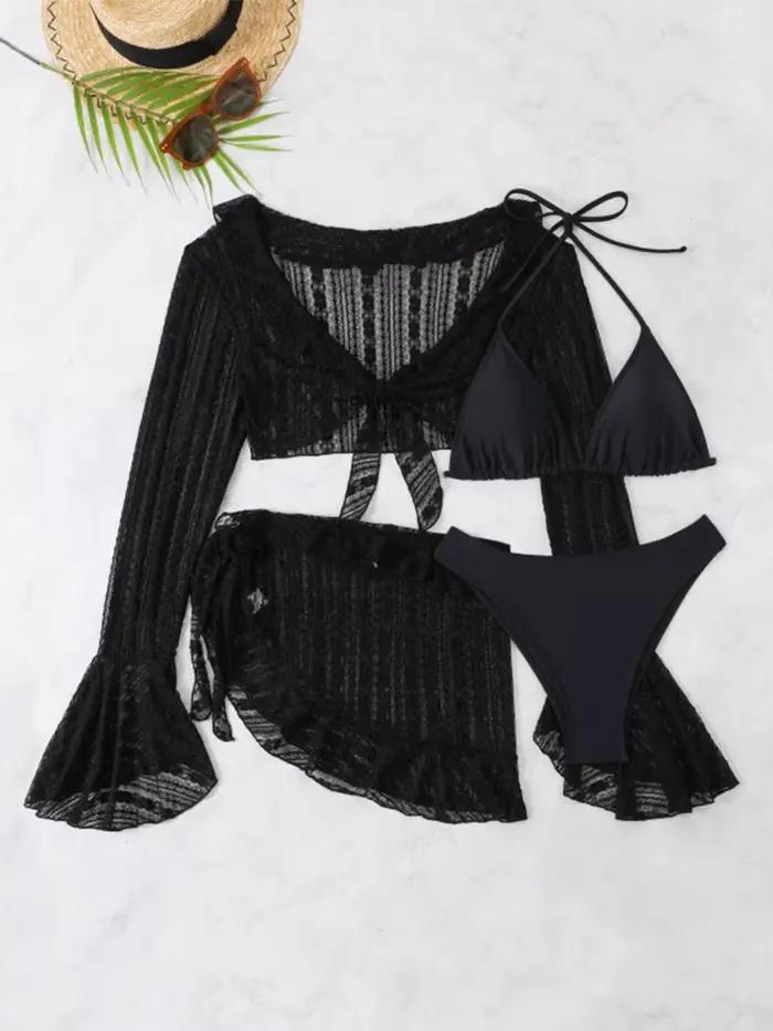 Maille Bikini quatre pièces ensemble pour femmes Lingerie Sexy à lacets Transparent hanche paquet jupe tenues 2025 été