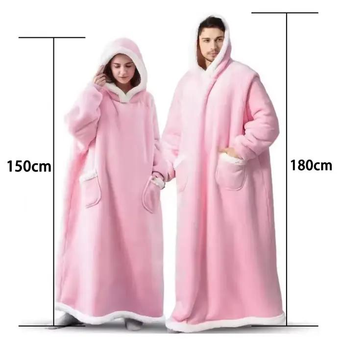180cm Super longue flanelle couverture pyjamas avec manches hiver sweat à capuche femmes hommes pull polaire géant surdimensionné extérieur