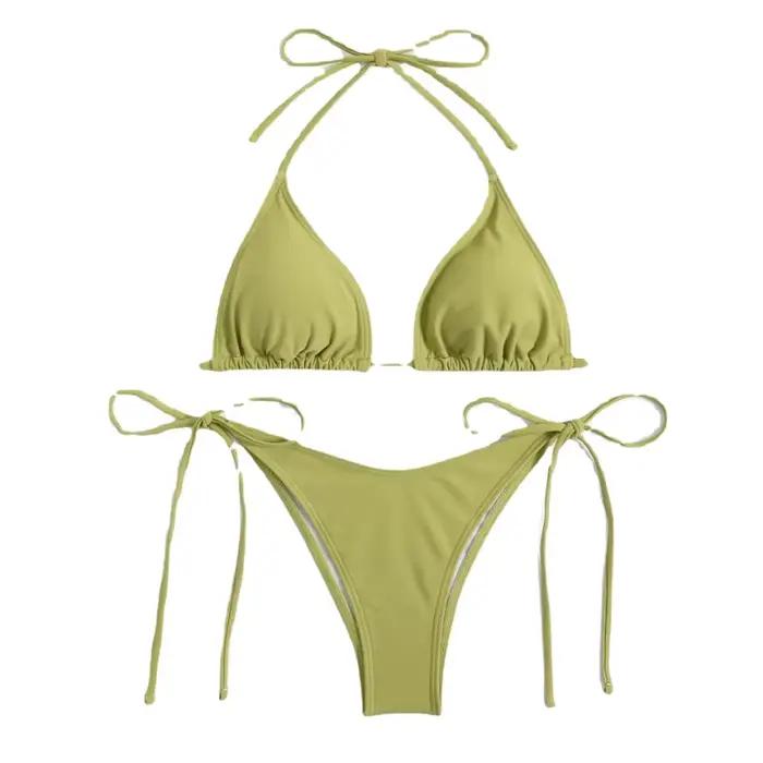 Sexy femmes string couleur unie Bikini ensemble côté licou cravate maillot de bain dames sangle fendue réglable
