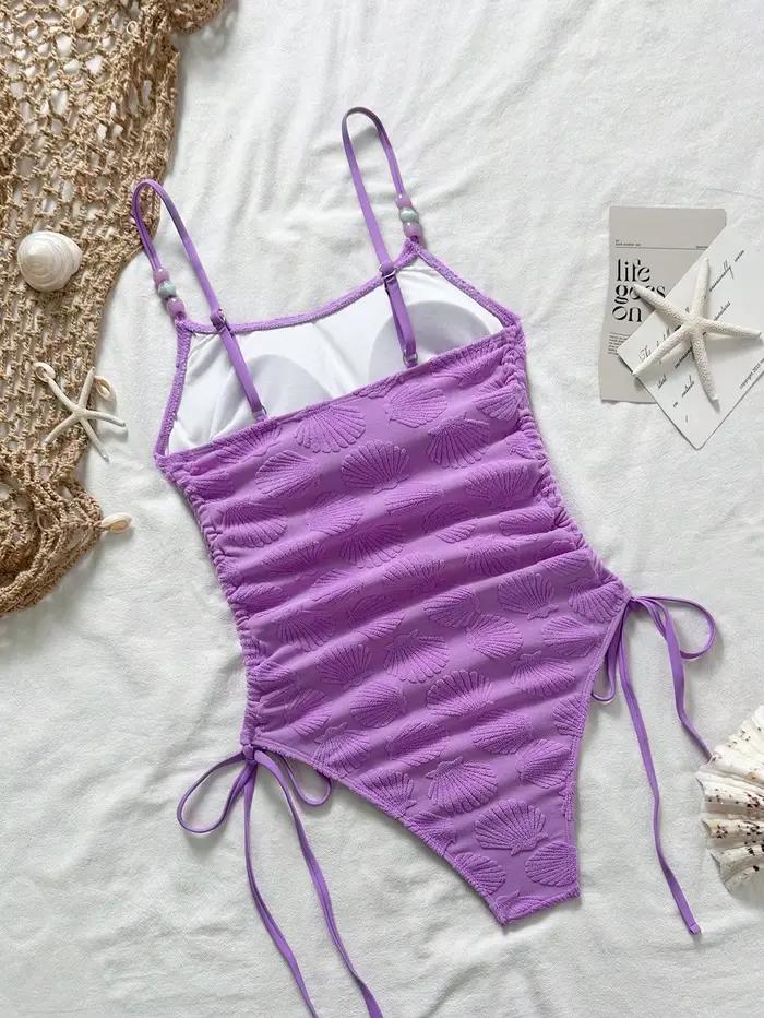 Maillot de bain une pièce sexy violet imprimé coquillage 2026 pour femme avec bretelles perlées et cordon de serrage