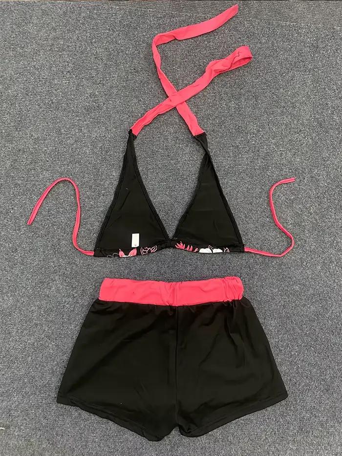 Été plage Ins mode chaude Sexy dames fendu deux pièces Bikini beau Vintage contraste fleur imprimé soutien-gorge à bretelles ensemble short et haut