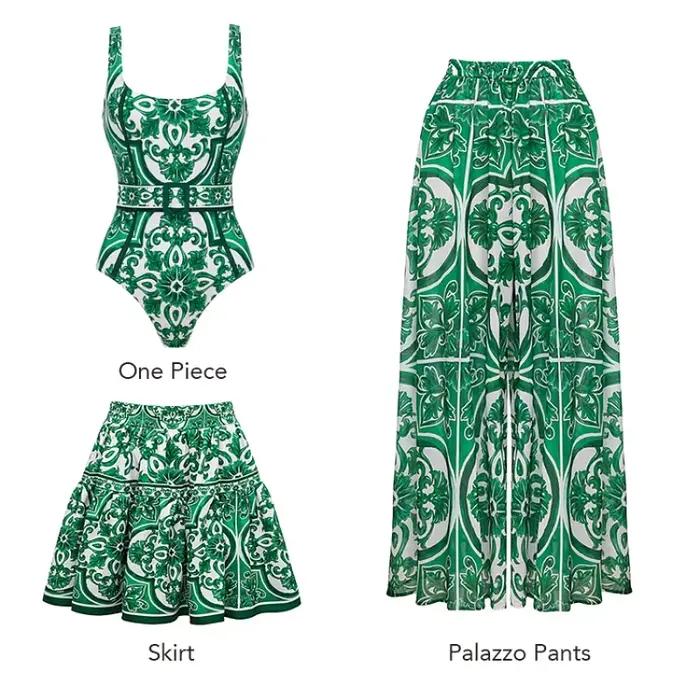 FLAXMAKER Vintage motif imprimé une pièce maillot de bain et pantalon ou jupe femmes