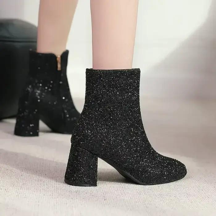 Bottines Chelsea pour femmes, grande taille 48 49 50, or, argent, bleu, tissu pailleté, paillettes, talons hauts épais, scintillants, fête, hiver