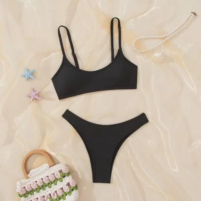 Maillot de bain bikini côtelé uni pour femme