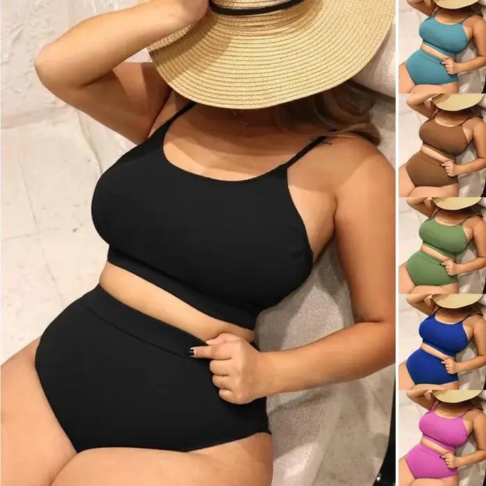 ‌ 2025 nouveau 4XL femmes grande taille Bikini ensemble deux pièces couleur unie maillot de bain pour vacances ventre