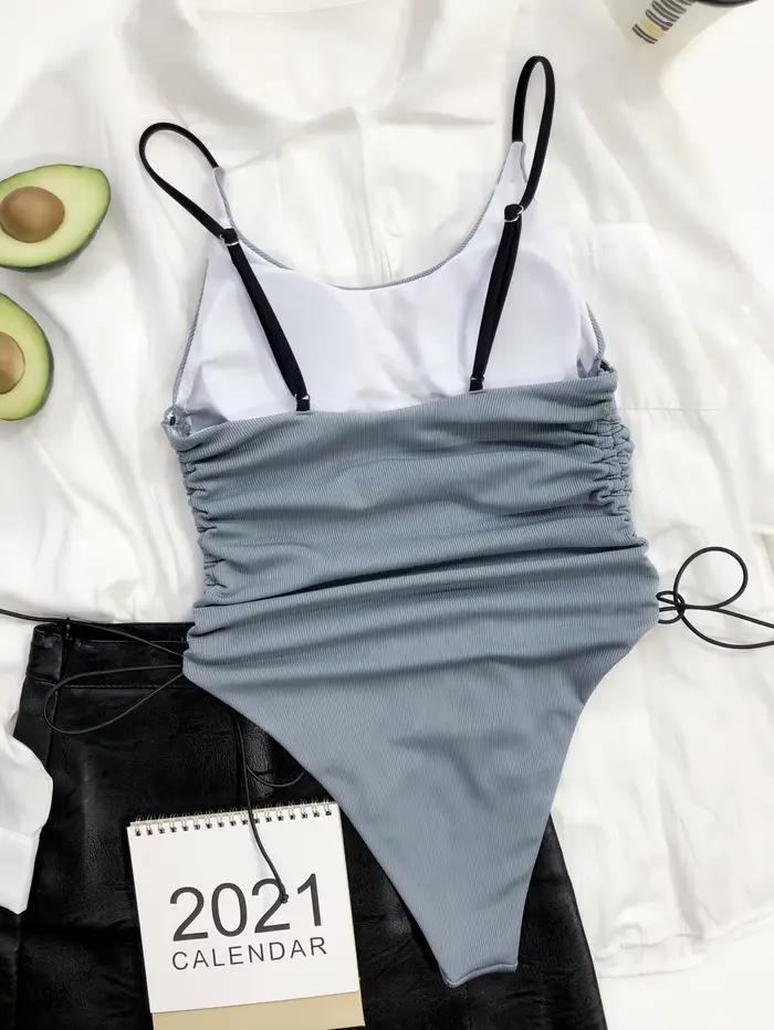 Maillot de Bain Uni Femme Dos Nu Côtelé avec Cordon de Serrage pour Activités Aquatiques et Plage Occasions Spéciales