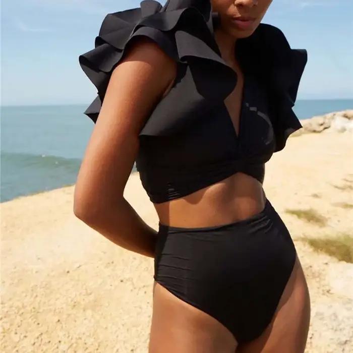 Maillot de bain noir à col en V 2026, maillot de bain à volants pour femme, maillot de bain taille haute imprimé, tenue de plage