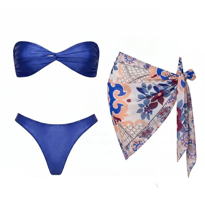 Ensemble bikini 3 pièces bandeau 2026 – Nouveau maillot de bain sexy pour femme avec paréo imprimé – Tenue de plage féminine