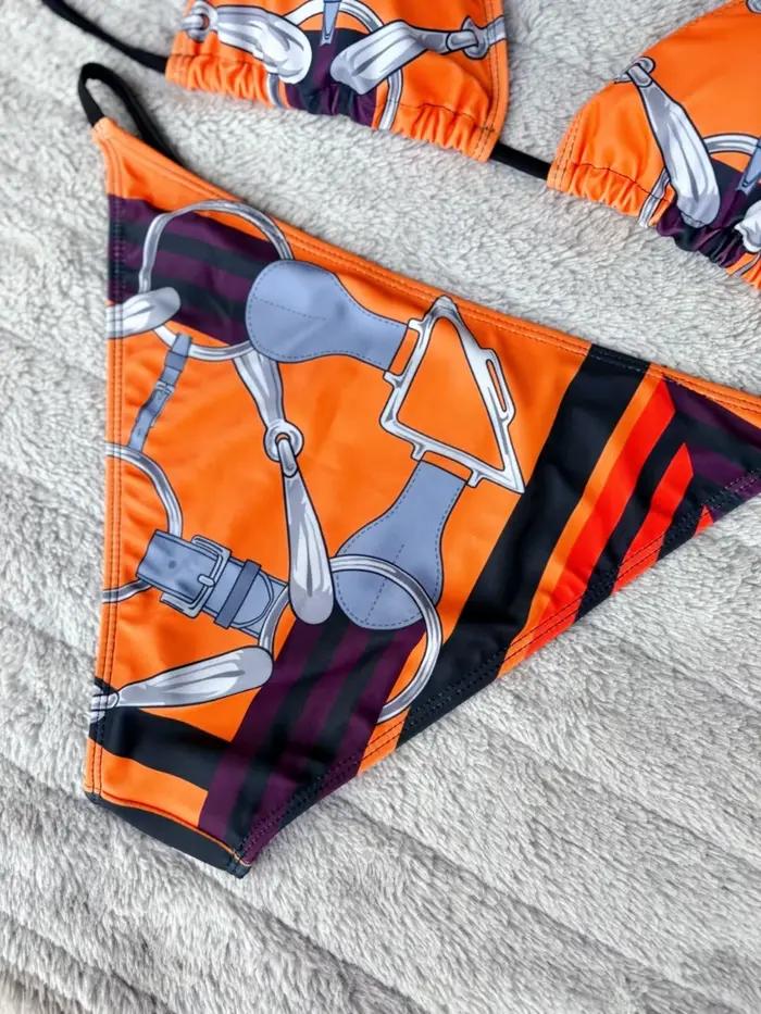 Luxe Sexy Orange géométrie imprimé Bikini 2 pièces ensemble femmes licou élastique string maillot de bain plage