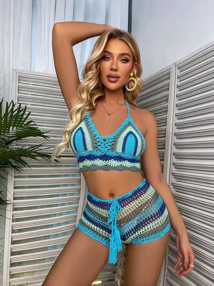 Ensembles de Bikini au Crochet multicolore arc-en-ciel rayé épaules dénudées haut + bas