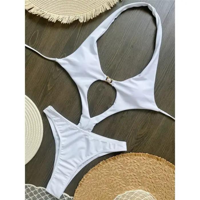 Sexy évider licou une pièce maillot de bain femmes perle métal boucle dos nu à lacets body Bikini 2025 nouveau