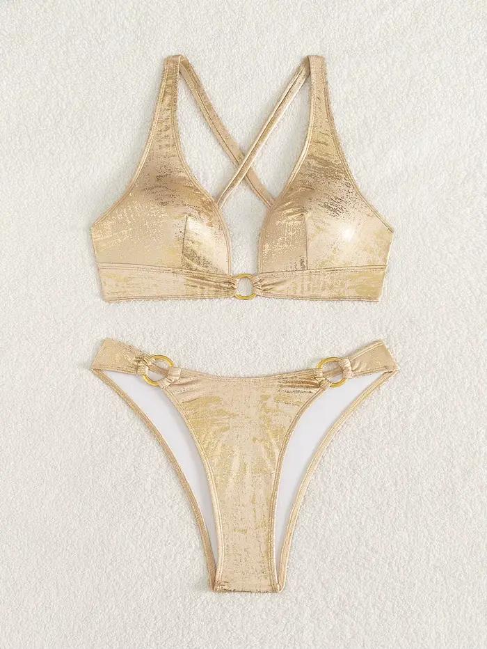 Nouvel ensemble de bikini sexy doré brillant en métal avec anneau