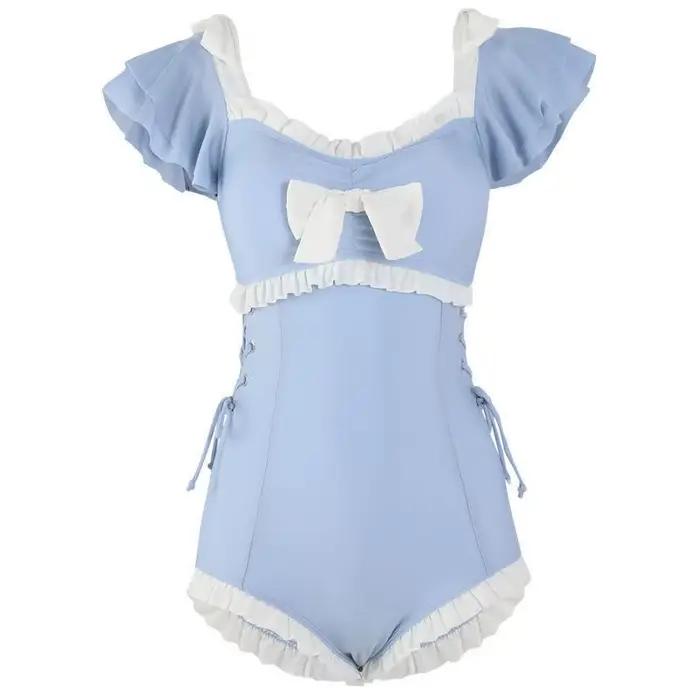Maillot de bain une pièce bleu clair à volants avec nœud sur le devant et laçage latéral coupe modeste pour la plage et les vacances à la piscine occasion spéciale pour femmes