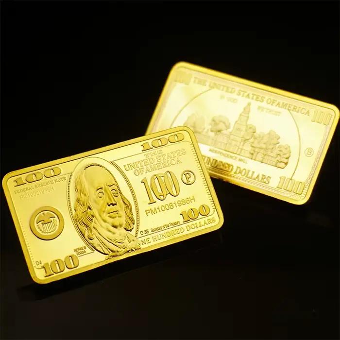 1 pièces USA 100 Dollar lingot 24k barre d'or pièce en métal américain barres d'or USD avec Gif