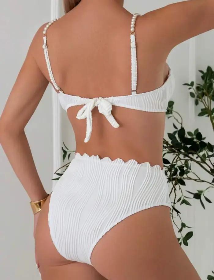 Sexy blanc noir Bikini ensemble 2025 femmes perles sangle volants Push Up taille haute maillot de bain plage