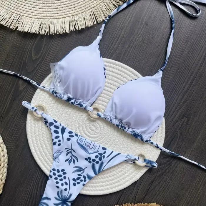 2025 Tropical Palm Print réglable cravate côté Bikini ensemble pour femmes Sexy maillots de bain deux pièces maillot
