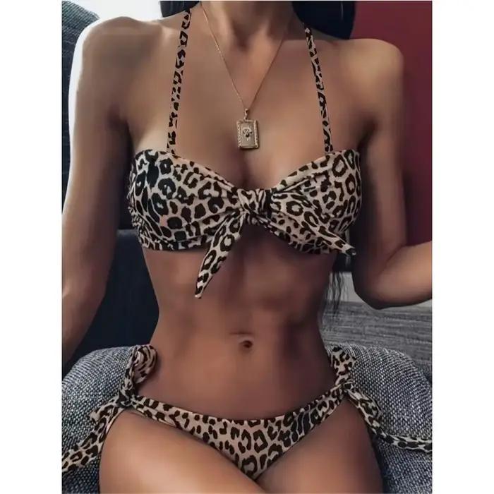 Nouveau Maillot de Bain Bikini Femme 2025 Imprimé Léopard Sexy Confortable Séchage Rapide Col Halter Tissu Polyester