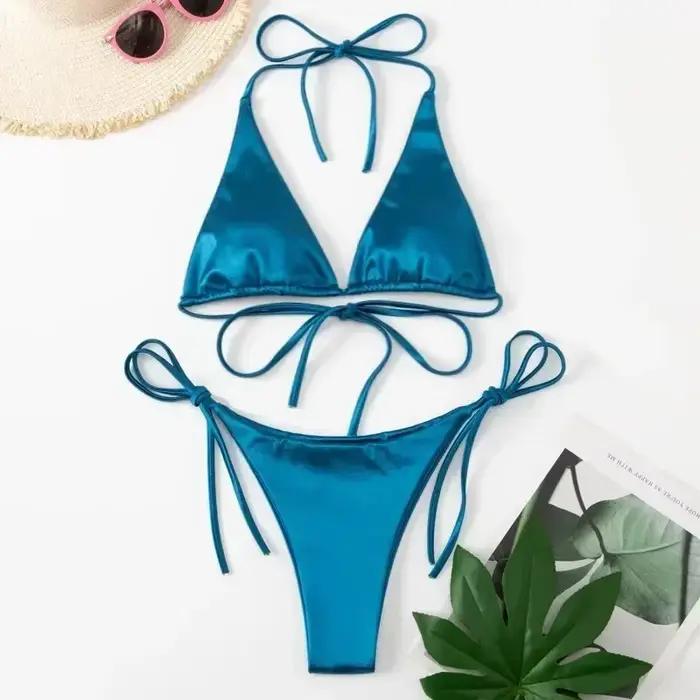 Sexy licou Satin brésilien Bikini femmes maillots de bain femme maillot