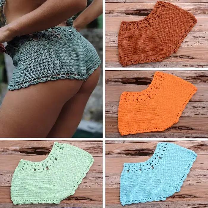 Sexy évider crochet Bikini ensemble court Style maillots de bain couleur Pure vacances couvrir vêtements de plage femmes