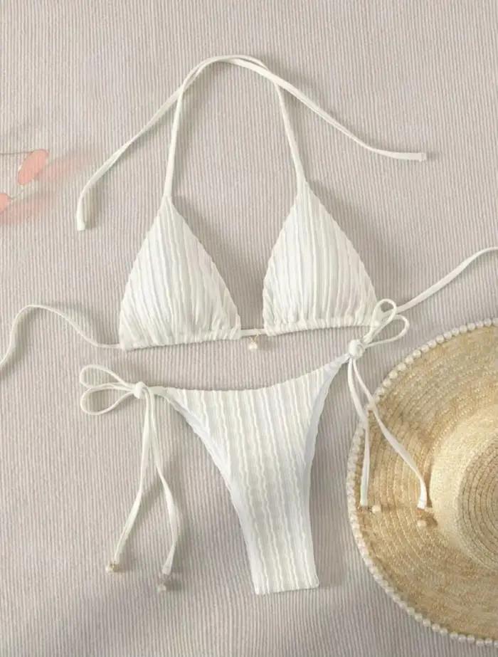 Sexy laiteux côtelé licou Micro Mini Bikini ensembles deux pièces cravate femmes string maillot de bain femme