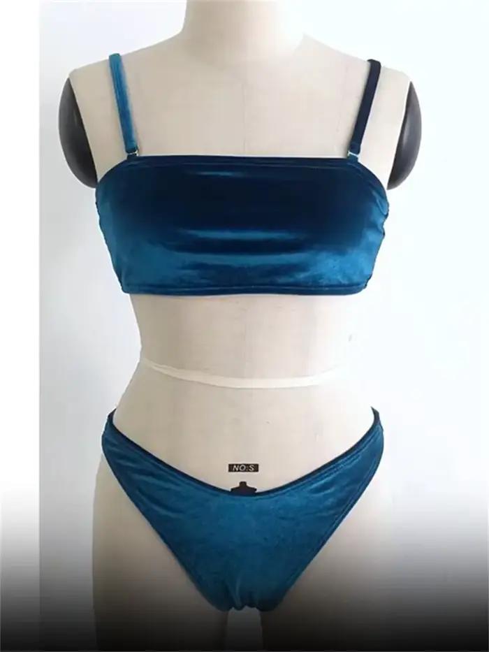 Bikini vintage bleu en velours pour femmes, taille haute, bandeau, ensemble de deux pièces, plage, mariage, vacances ```
