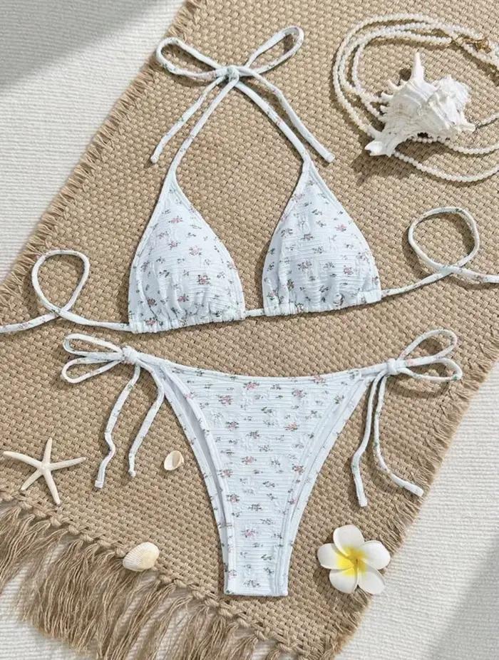 Nouveau tissu spécial femmes Sexy maillot de bain avec sensation haut de gamme blanc/abricot Floral suspendu cou à lacets brésilien Bikini ensemble 2025