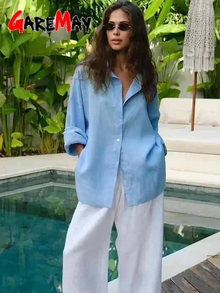 Chemise en lin à manches longues pour femmes, chemisier surdimensionné, col haut basique, coton, élégant, rose, vintage, printemps