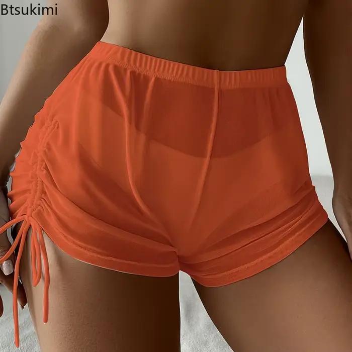 Transparent Sexy plage Shorts couverture maille maillots de bain femme cordon maillot