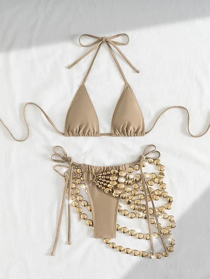 Nouveau kaki Bikini ensemble 2025 femmes évider chaîne jupe 3 pièces maillot de bain plage