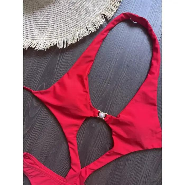 Sexy évider licou une pièce maillot de bain femmes perle métal boucle dos nu à lacets body Bikini 2025 nouveau