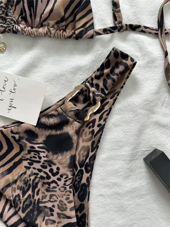 Bikini léopard en polyester et élasthanne pour femme, coupe haute, rembourré, idéal pour la plage, les vacances, la piscine, les sports nautiques et la croisière