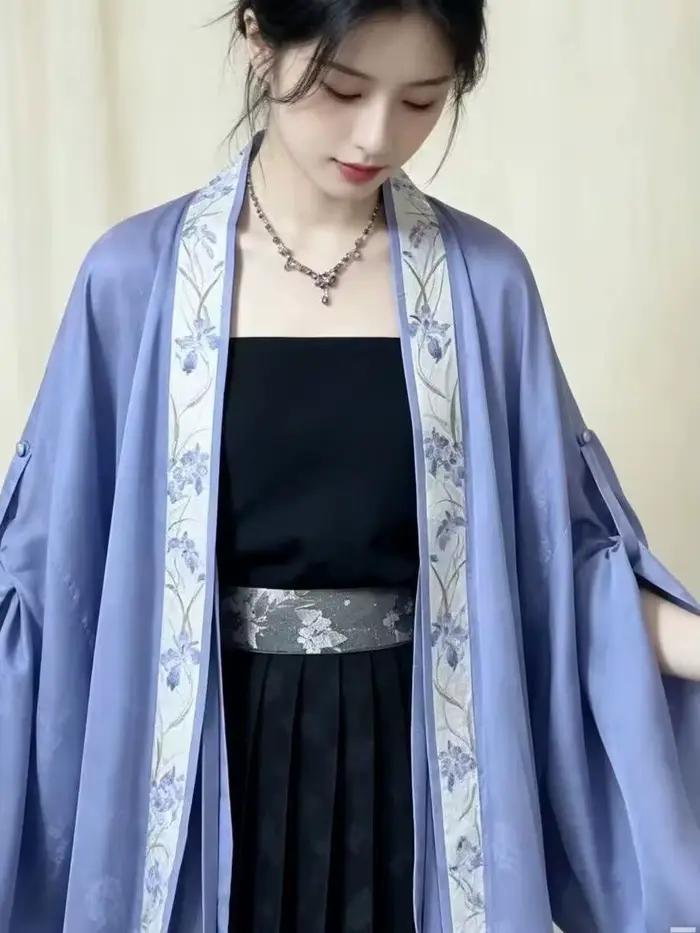 Ensemble Hanfu d'été style Song surdimensionné 8XL pour femme, col kimono, cardigan noir et violet, Hanfu ancien, ensemble 3 pièces, grande taille 8XL