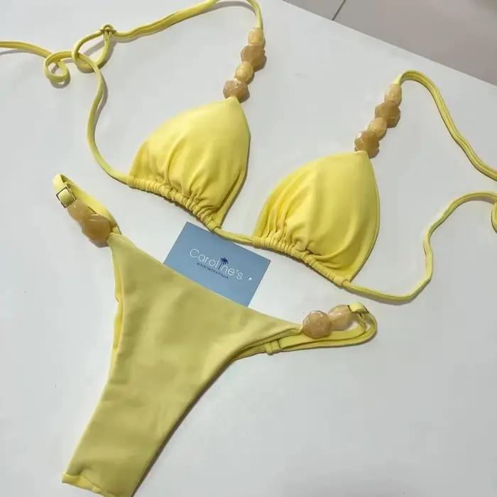 Boho Chic deux pièces ensemble de Bikini avec détails en pierre couleur unie taille haute maillot de bain vacances plage porter maillot de bain femmes