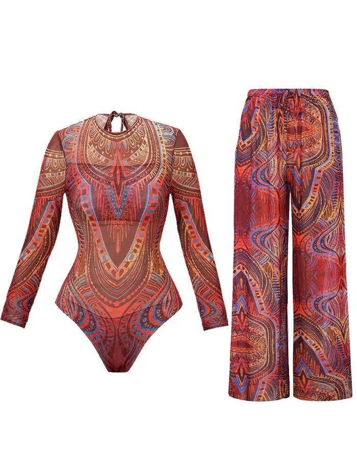 Maillot de bain imprimé à manches longues avec pantalon