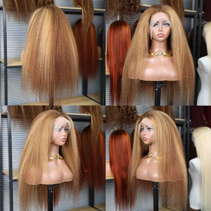 Perruque brésilienne 13x6 Kinky Straight avec mèches 4/27, densité 220%, perruque 13x4 Yaki Straight avec dentelle HD transparente, cheveux humains, 38 pouces