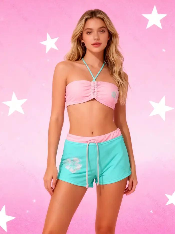 Y2K Harajuku Fille Chaude Doux Style Fleur Imprimé Bikini Ensemble de Printemps Chaud Vacances Mignon Femmes Maillot de Bain Plage Millennium Style