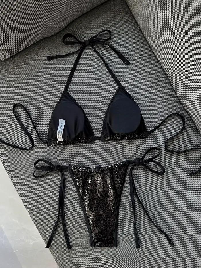 Ensemble bikini bleu à sequins brillants 2026 pour femme