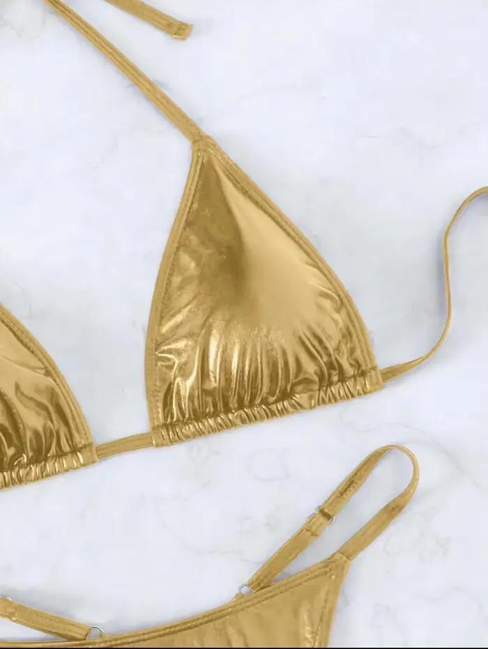 Sexy métallique or paillettes licou Bikinis ensembles deux pièces femmes string pansement maillot de bain femme