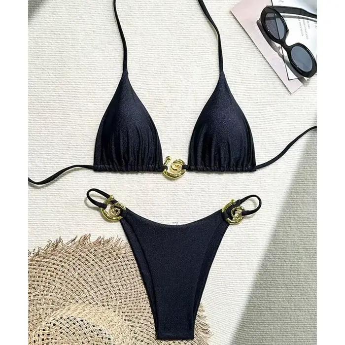 Métal Micro Bikini maillots de bain femmes Sexy à lacets Triangle licou coupe haute string