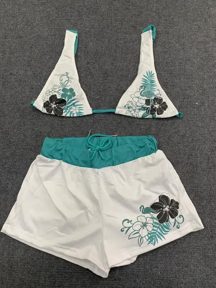 Été plage Ins mode chaude Sexy dames fendu deux pièces Bikini beau Vintage contraste fleur imprimé soutien-gorge à bretelles ensemble short et haut